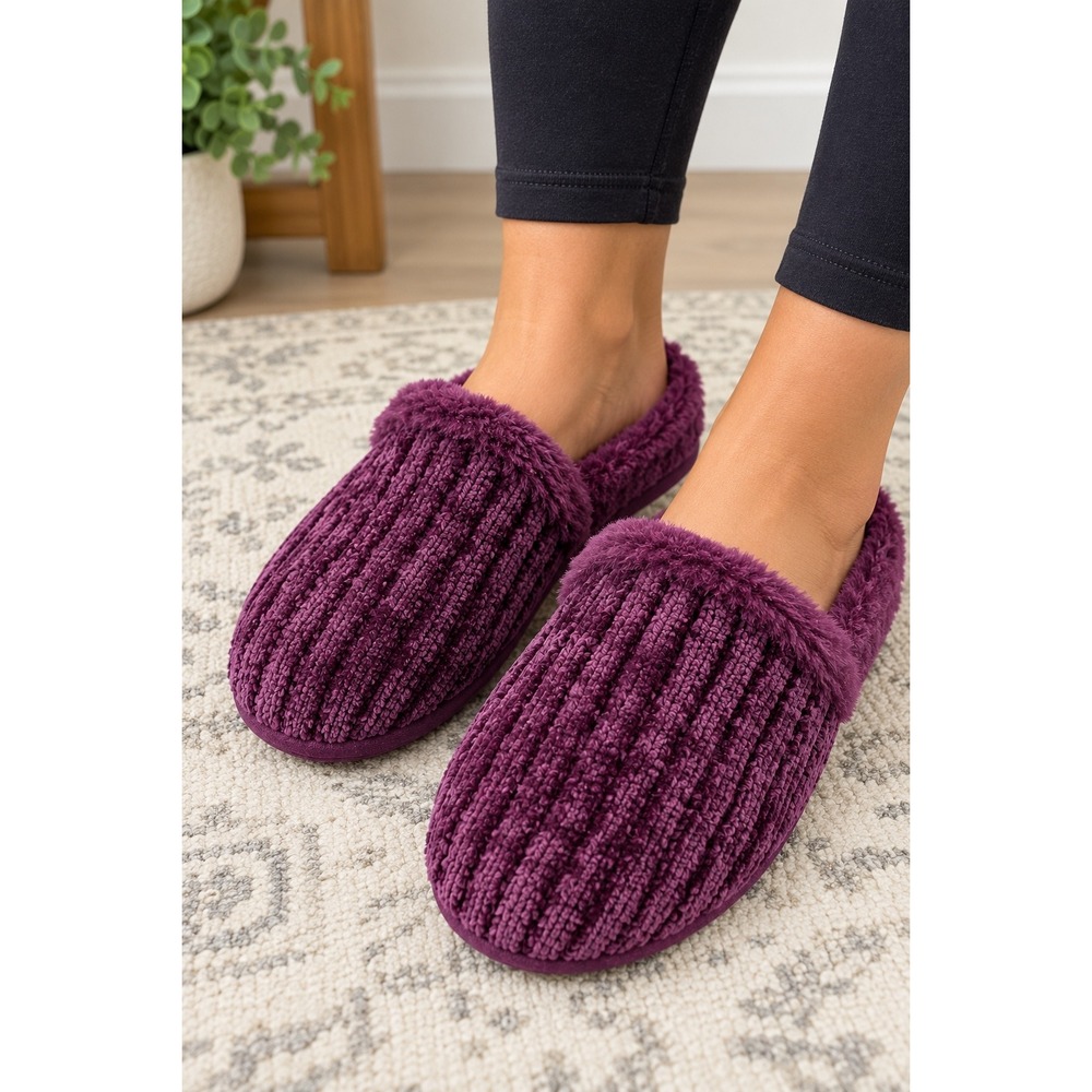 Dearfoams Cozy Comfort Purple Faux Fur Ribbed Clog Slippers Womens Large 9-10